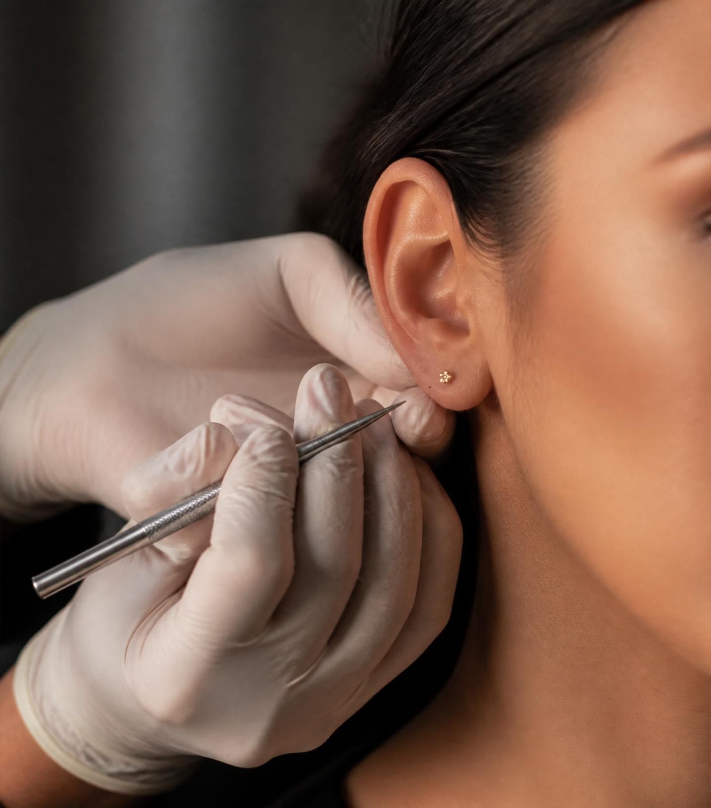 Profissional realizando perfuração de orelha com técnica delicada